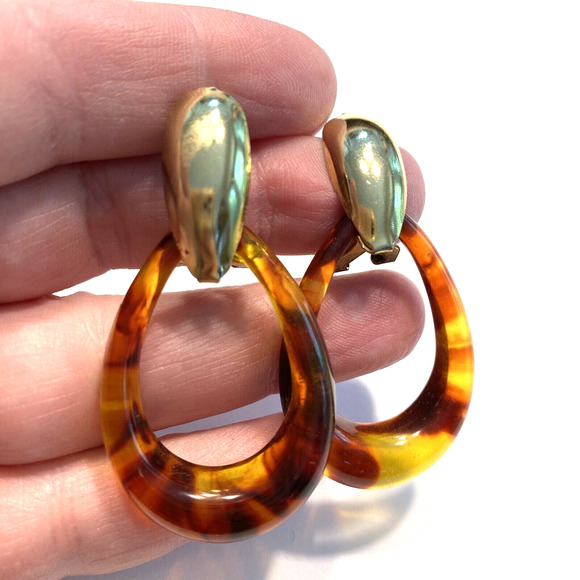 Vintage Pierced Earrings Faux Tortoise Shell Hoops Doorknockers Drop & Dangle - Picture 5 of 7